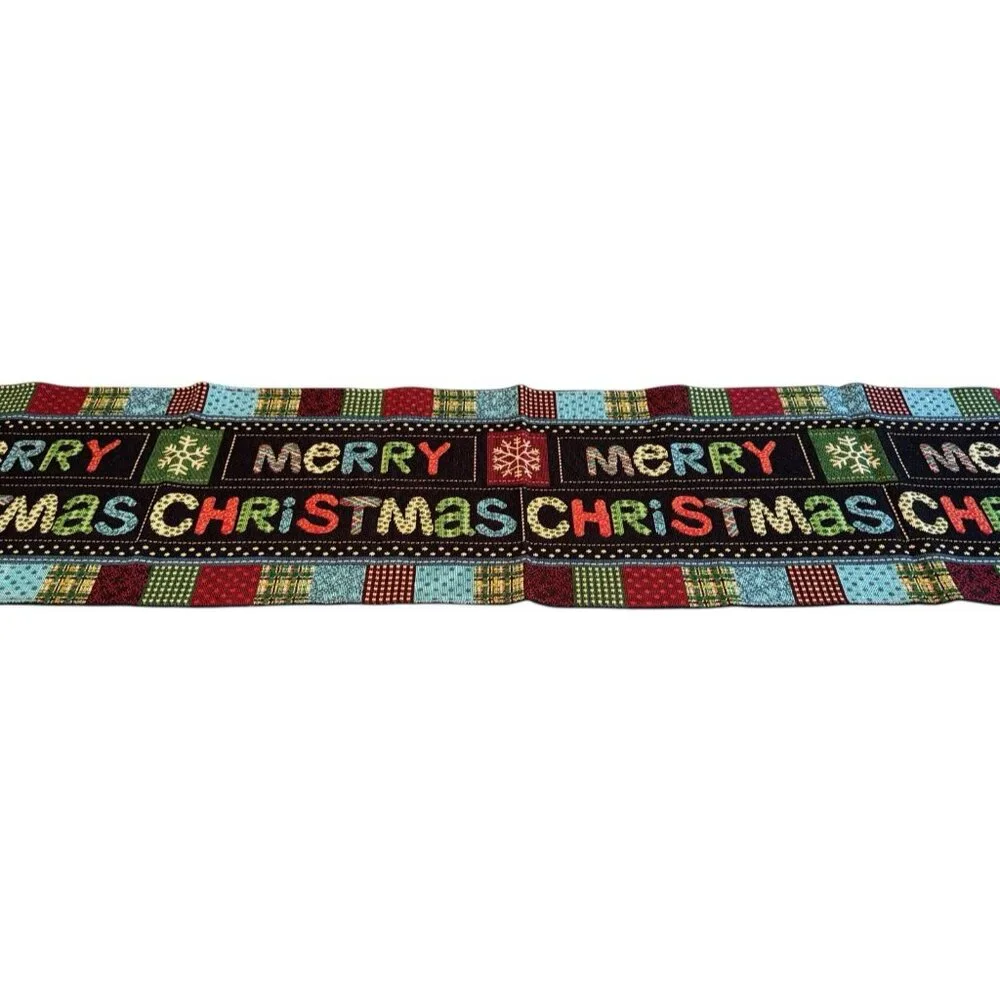 Colorful Merry Christmas Table Runner Tapestry Patchwork Farmhouse Country Chic